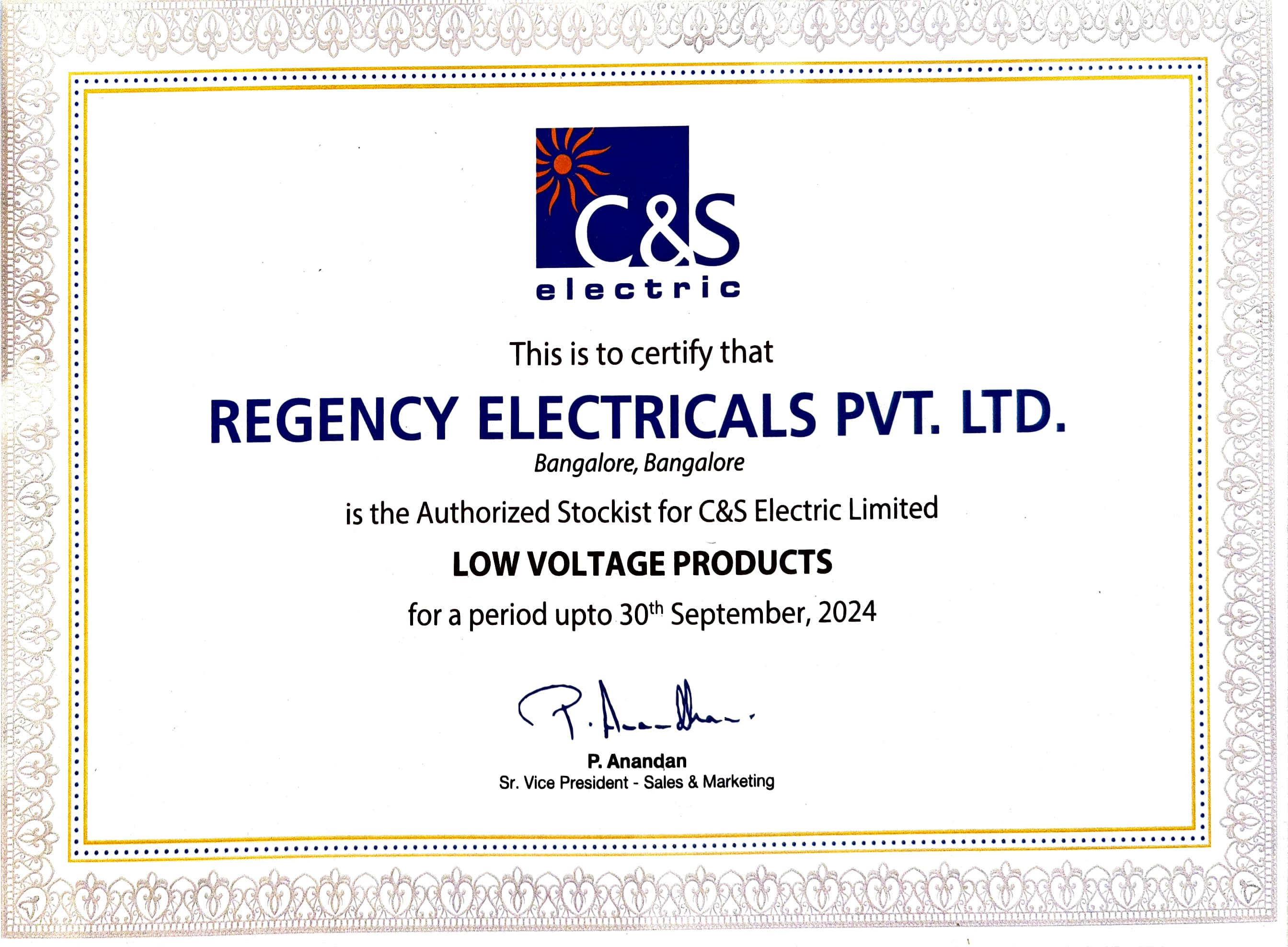 C&S Electric Certificate